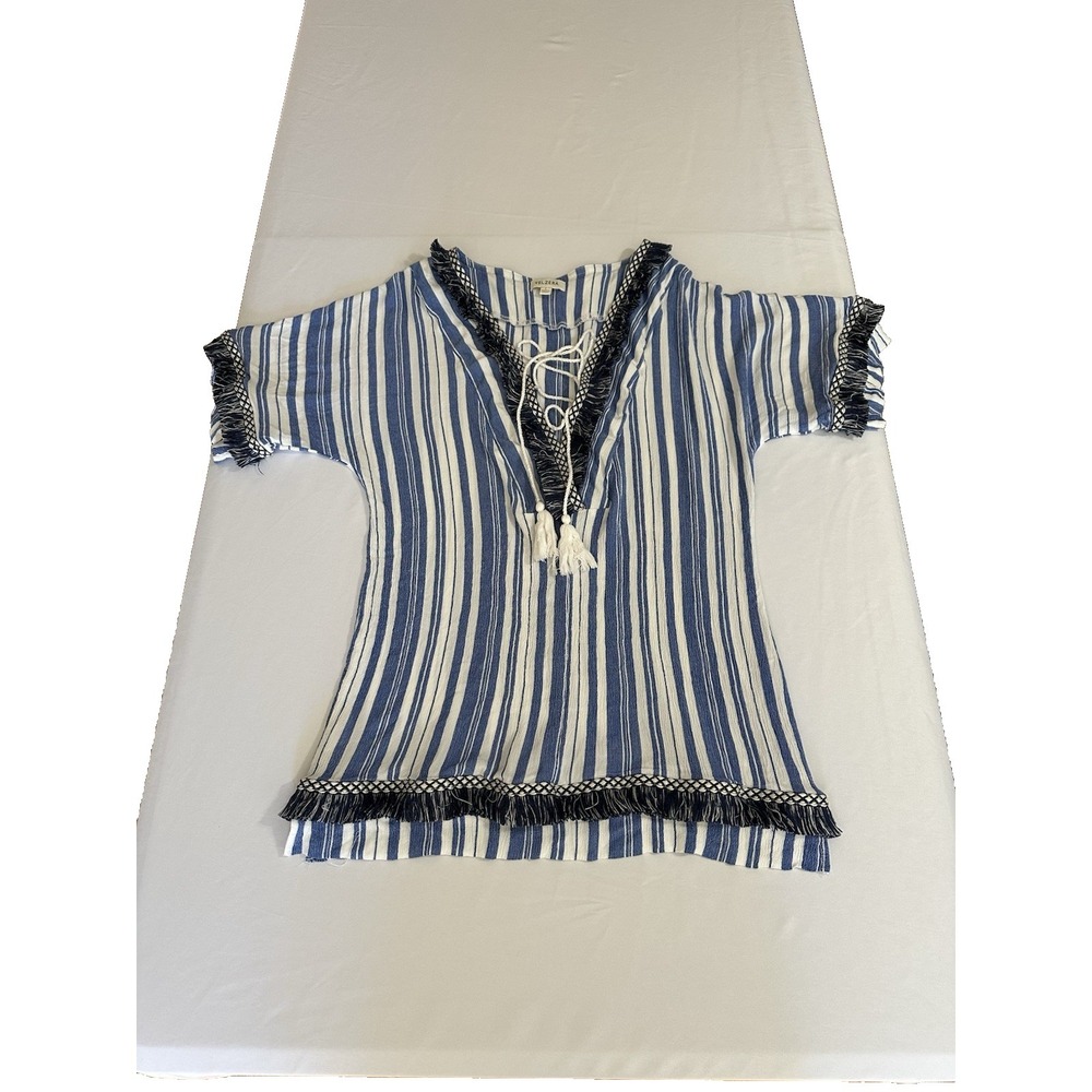 Velzera Blue White Striped Fringe Tassel Boho Tunic Cover Up Top Large
